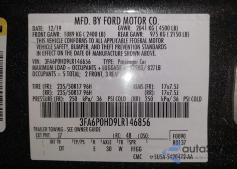 2020 Ford Fusion Se z USA, uszkodzony, nr VIN 3FA6P0HD9LR146856